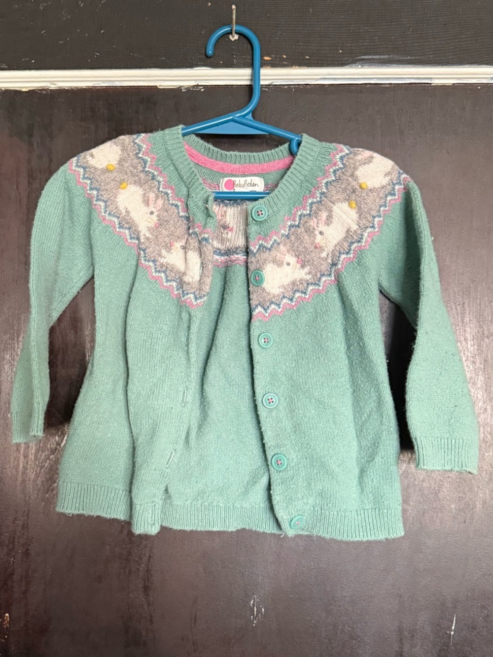 Baby Boden 18-24 month Mint Green bunny rabbit Fair Isle Cardigan spring Easter